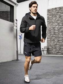 Manfinity Sport Corelite Men's Solid Color Long Sleeve Zipper Front Hooded Sports Jacket - Black - View 1