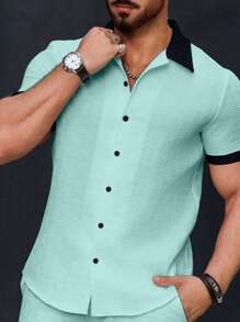 Manfinity Homme Short Sleeve Casual Shirt, Suitable For Summer, Mint Green Outfit Men