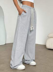 Lunelith SHEIN Lunessa Women's Gray Low-Waist Double-Strap Drawstring Tie Pocket Straight Leg Sweatpants, Fashionable Casual Sports Minimalist Design, Versatile For Daily/Home Wear, Spring/Summer