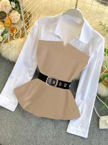 Franclia Camisa de mujer con bloque de color y parches, para usar en la ciudad