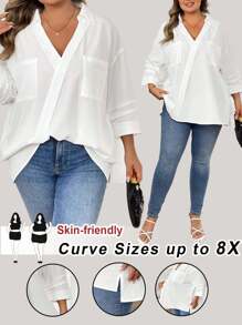 SHEIN CURVE+ Plus Size Casual Commuter Solid Color Wrap Loose Shirt - White - View 1