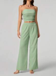 SHEIN Tall Ladies" Solid Color Textured Fabric Strapless Top And Pants Set For Summer