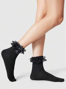 ROMWE Kawaii Calcetines hasta el tobillo para mujer con decoración de volantes y moño de encaje dulce