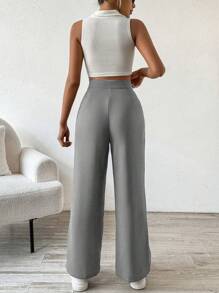 Flirla Quần ống đứng đơn sắc màu trơn đa năng giản dị - Màu Xám nhạt - Xem 2