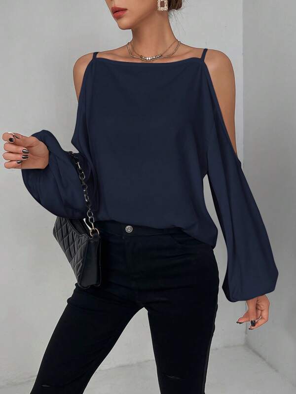 SHEIN Essnce Bluză pentru femei, de culoare uni, elegantă, cu umăr deschis, cu mânecă lanternă