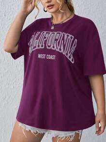 SHEIN EZwear Camiseta de manga caída con gráfico de letras de talla grande California Talla grande