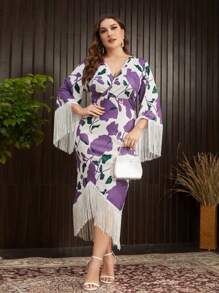 Modelyn Plus Size Elegant Party Floral Print Fringe Decor Dress - Purple - View 3