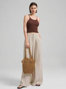 Ontre 2025 Women's Summer Solid Color Knitted Camisole Top, Casual And Commuting, Simple Base Layer, Caramel Brown Knit Tank Top, Fashionable City Style - Grey - View 1