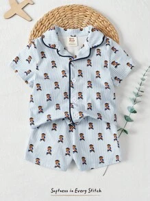 Cozy Pixies Set de 2 piezas de parte superior de manga corta con cuello y estampado de animales de dibujos animados, y pantalones cortos de cintura elástica para bebé niño