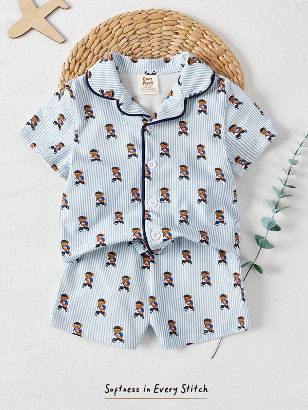 Cozy Pixies 2 stuks Baby Boy Cartoon Animal Print Zacht Gebreid Topje met Kraag en Korte Mouwen en Elastische Taille Shorts Set