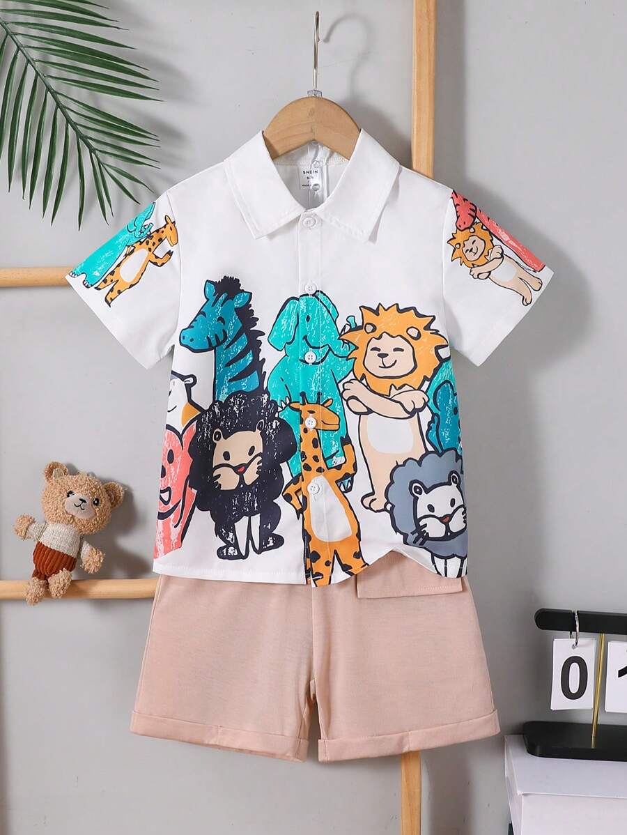 SHEIN Conjunto de 2 peças/camisa polo gráfica com estampa animal para meninos e shorts casuais com punho, padrão de rabiscos engraçados, casual/fofo, adequado para uso diário, escola, atividades ao ar livre no verão - Multicolorido - Ver 1