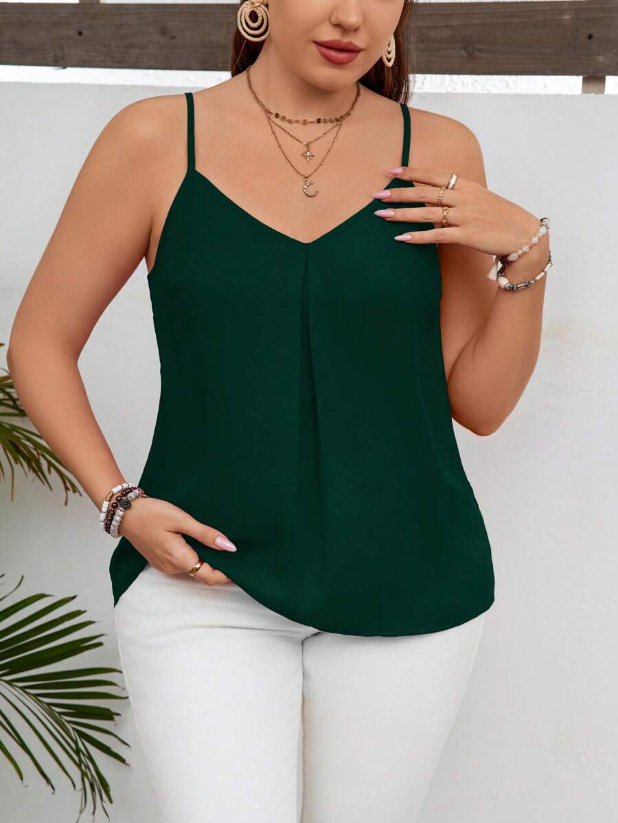 SHEIN LUNE Áo ba lỗ dây mảnh màu trơn thường ngày cỡ lớn - Màu xanh lá cây đậm - Xem 1