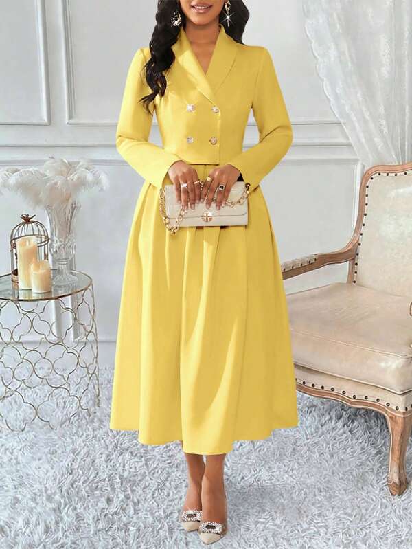 Lyxana 2 Pieces Set: Cropped Double Breasted Long Sleeve Jacket And A-Line Skirt Suit For Women