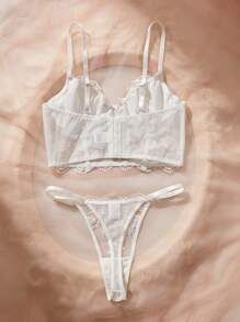 Set de 2 piezas de lencería romántica de estilo largo de color blanco con sujetador y panty para mujer