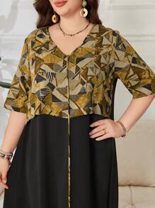SHEIN Lacomfia V-Neck Geometric Digital Printing Patchwork Loose Retro & Generous Plus Size Arabian Dress