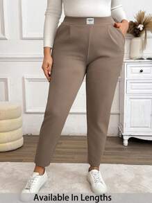 SHEIN PETITE CURVE 大码休闲通勤修身纯色裤子 - 棕色 - 查看 1