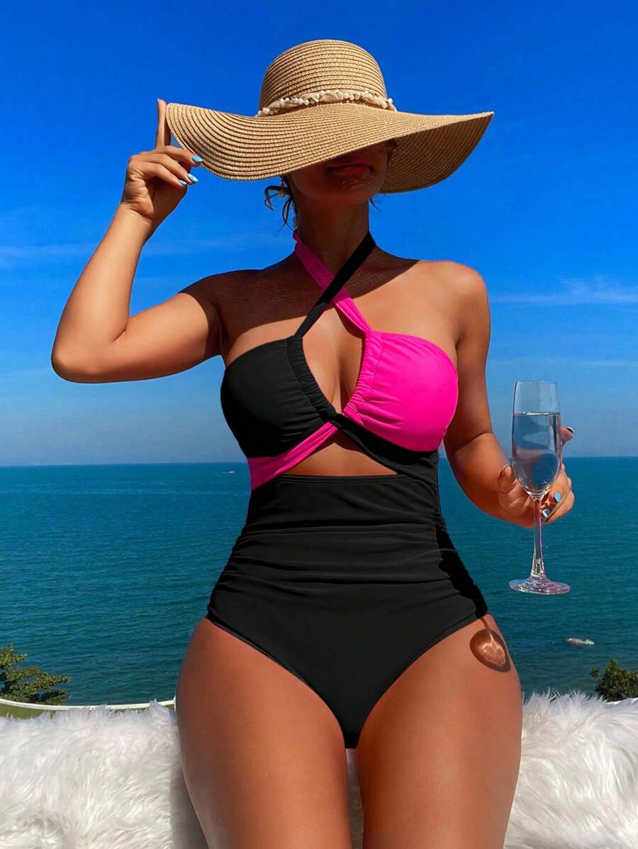BamGleam Women's Casual & Vacation Contrast Color Halter One-Piece Swimsuit, Summer - Multicolor - View 1