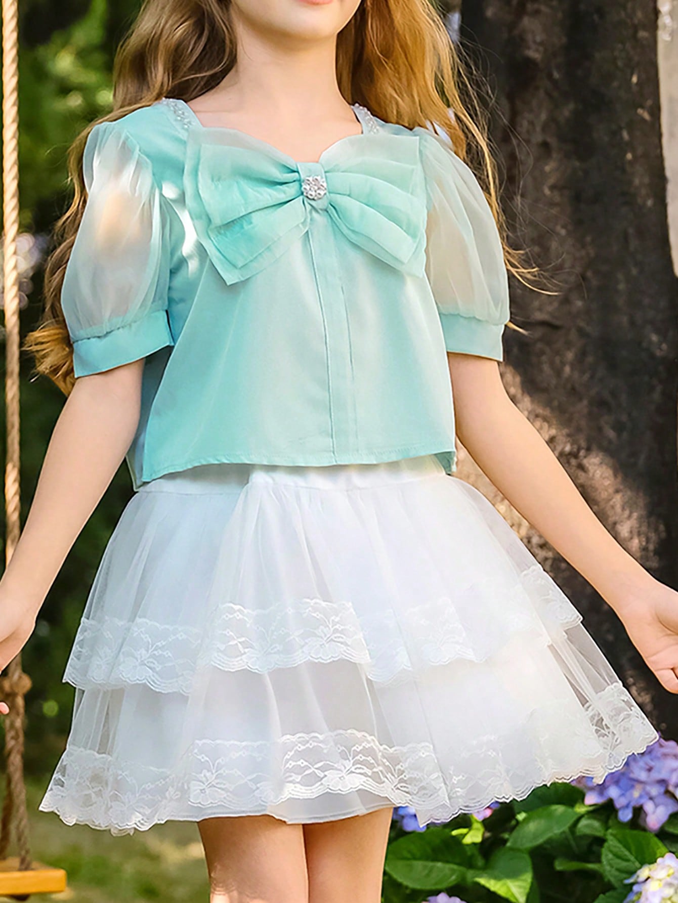 SHEIN قطعتان للأطفال الحوامل: بلوزة أورجانزا ذات ا...