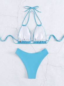 Swim Vcay 女士夏季海滩纯色吊带性感比基尼泳装套装 - 藍色 - 查看 5