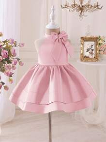 Babygirl 夏季缎面可爱纯色蝴蝶结装饰束腰无袖连衣裙 - 粉色 - 查看 5
