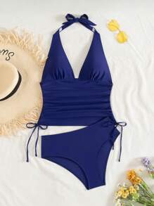 Swim Vcay 女士度假纯色褶饰吊带比基尼泳装套装，泳衣