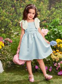 Young Girl Fashion Woven Solid Color Tie Bow Cami Dress - Olive Green - View 6