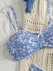 Swim Mod 2 bộ đồ bơi bikini họa tiết hoa hai mảnh dành cho nữ, phong cách nghỉ dưỡng thường ngày - Màu xanh lam - Xem 3