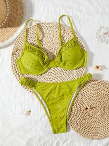 Swim SXY Women's Swimwear Set, Shoulder Straps Ruched Push Up Sexy Fashion Beach Sparkling Design Swimwear For Summer Beach Vacation - Green - View 4