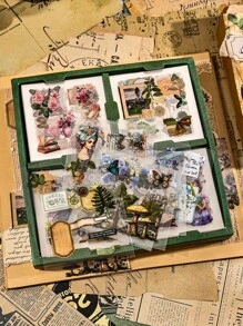 SHEIN 100pcs/Set Mixed Retro Floral, European Portraits And Objects Sticker Collection, Suitable For Journal, Scrapbook, Laptop, Water Bottles And Desk Decoration, With Pet Waterproof And Wear-Resistant Material