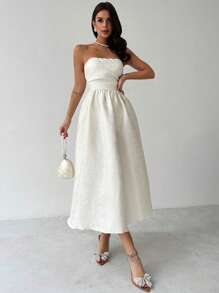 Firerie 优雅的白色中长荷叶边连衣裙，提花纹理收腰喇叭裙，适合情人节、婚礼季节、春夏季，白色毕业礼服端庄 - 白色 - 查看 1