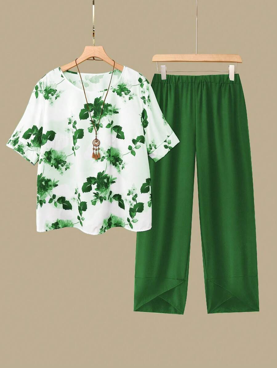 SHEIN 2pcs/Set Plus Size Women Floral Print Shirt & Elastic Waist Asymmetrical Patchwork Pants, Summer - Green - View 1