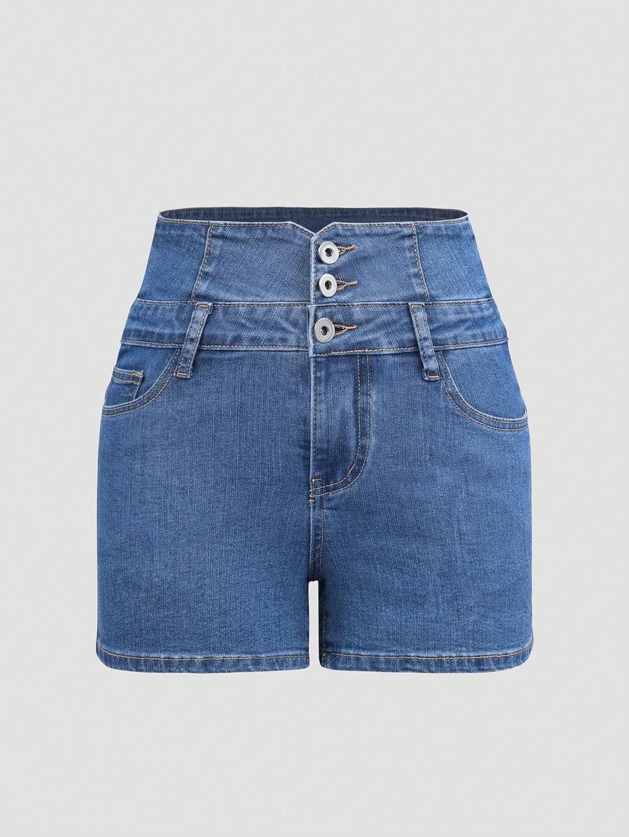 SHEIN Essnce Casual Washed Front Button Slim Fit Denim Shorts - Medium Wash - View 1