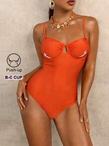 SHEIN Swim 1 件吊带聚拢连体泳衣 - 橘色 - 查看 5