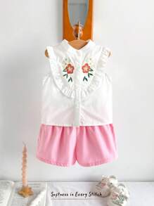 Cozy Pixies Baby Girl Floral Pattern Crew Neck Short Cap Sleeve Shirt & Solid Color Elastic Waist Shorts 2 Pieces Set - Multicolor - View 3