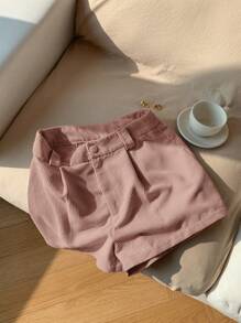 SHEIN EZwear Women's Solid Color Pleated Loose Casual Corduroy Shorts, New Style