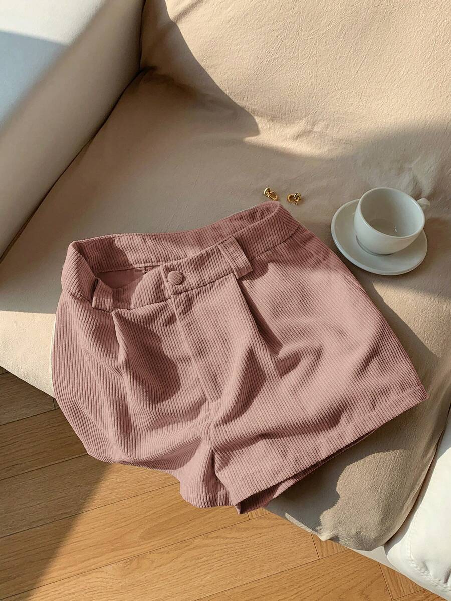 SHEIN EZwear Women's Solid Color Pleated Loose Casual Corduroy Shorts, New Style