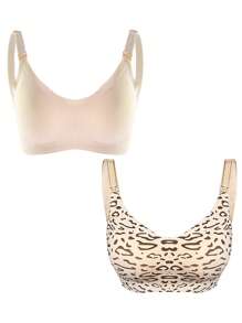 Moonlight&Mama Sutiã de amamentação para maternidade sem costura, cor sólida e leopardo, 2 peças - Multicolorido - Ver 3
