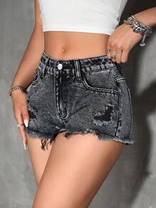 SHEIN PETITE 休闲洗水撕破毛边牛仔短裤 - 灰色 - 查看 6