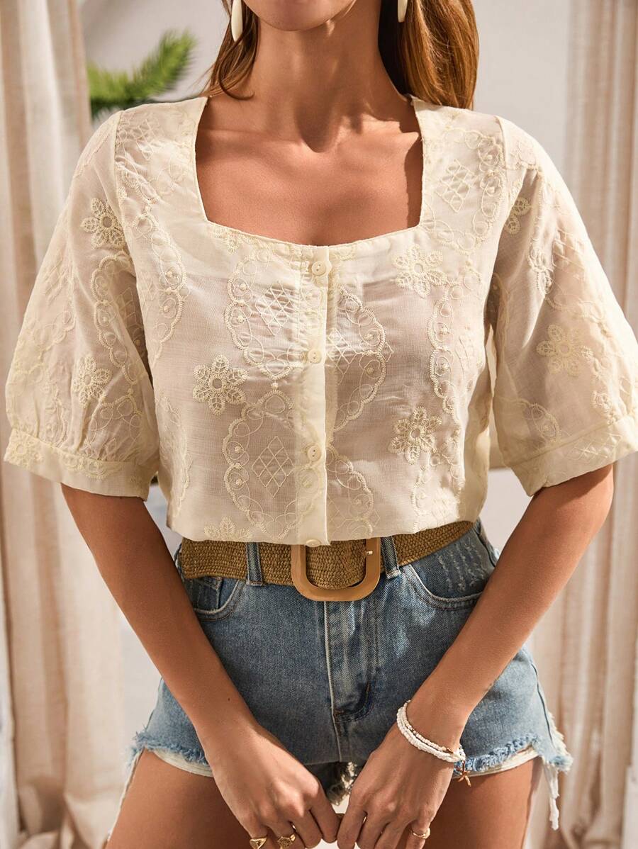 RueChic Boho Style, Premium Quality, Square Neck Embroidered Shirt - White - View 1
