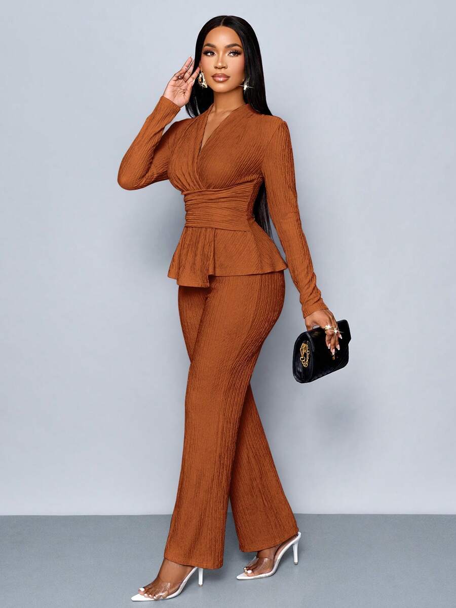 SOLERSUN Women's Apricot Color Elegant V Neck Long Sleeve T-Shirt And Wide Leg Pants Two Pieces Set, Asymmetrical Hem Two Pieces Outfits, Casual Daily Wear, Winter Clothes For Women Fall Cloth For Women - Brown - View 1