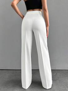EURMUSE Women's Solid Color Pleated Slant Pocket Straight-Leg Daily Commute Trousers - White - View 2