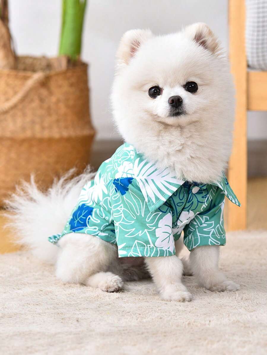 PETSIN 休闲度假风格绿色热带植物印花宠物衬衫 - 薄荷綠 - 查看 1