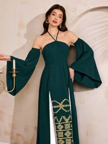 Al Najma 女士无袖阿拉伯风格连衣裙，简约时尚，适合夏季 - 墨綠色 - 查看 4