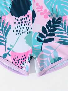 SHEIN Random Print Young Girls Tankini Swimwear Two-Piece Set Girls' Baby Toddler Long Sleeved With Shorts Rashguard Swim Bathing Suit Set