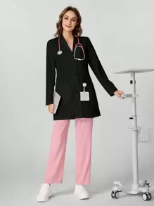 SHEIN TaskFit Women Single-Breasted Long Sleeve Casual Lab Jacket Professional Women Professional Work Office Lab Coat