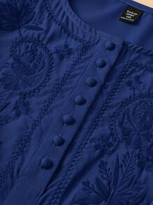Plus Size Women 3/4 Sleeve Floral Embroidered Front Opening Half Placket Blouse - Navy Blue - View 4