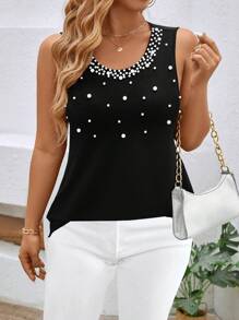EMERY ROSE Plus Size Women Casual Round Neck Sequined Wide Strap Tank Top - Black - View 6