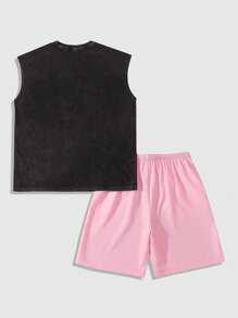 ROMWE MEN Street Life Men's Hip Hop Figure & Star Print Washed Tank Top & Shorts Set - Black - View 2