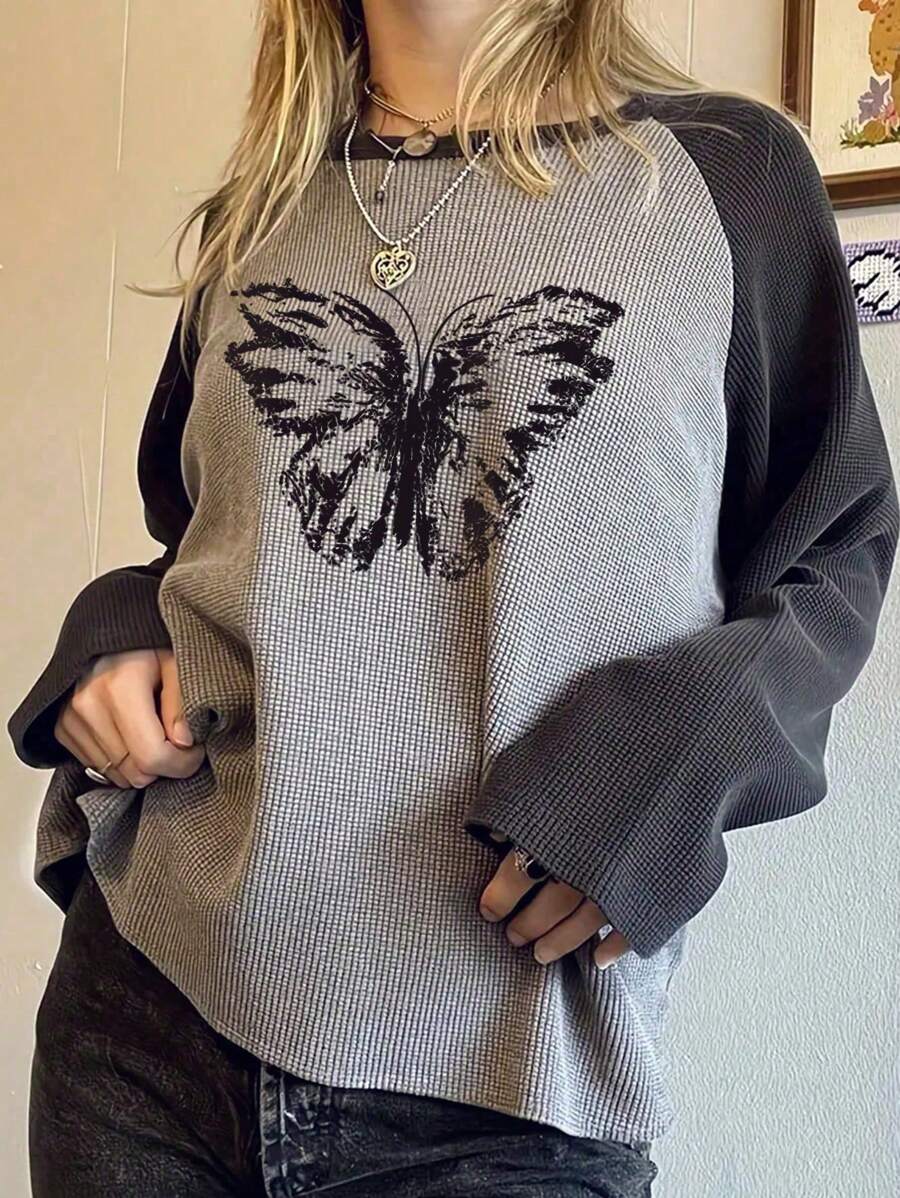 INAWLY Women's Crew Neck Long Sleeve Butterfly Print Contrast Color Casual Comfortable T-Shirt Graphic Tees Women Tops For Spring Fall - Multicolor - View 1