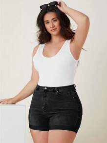 EMERY ROSE Plus Size Women Rolled Hem Pockets Casual Versatile Denim Shorts - Black - View 5